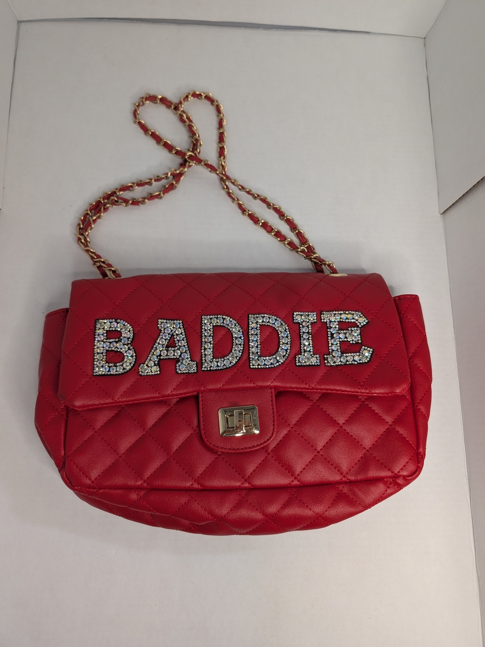 Red Quilted Rhinestone "BADDIE" Flap Shoulder Bag Turn Lock Detachable Chain